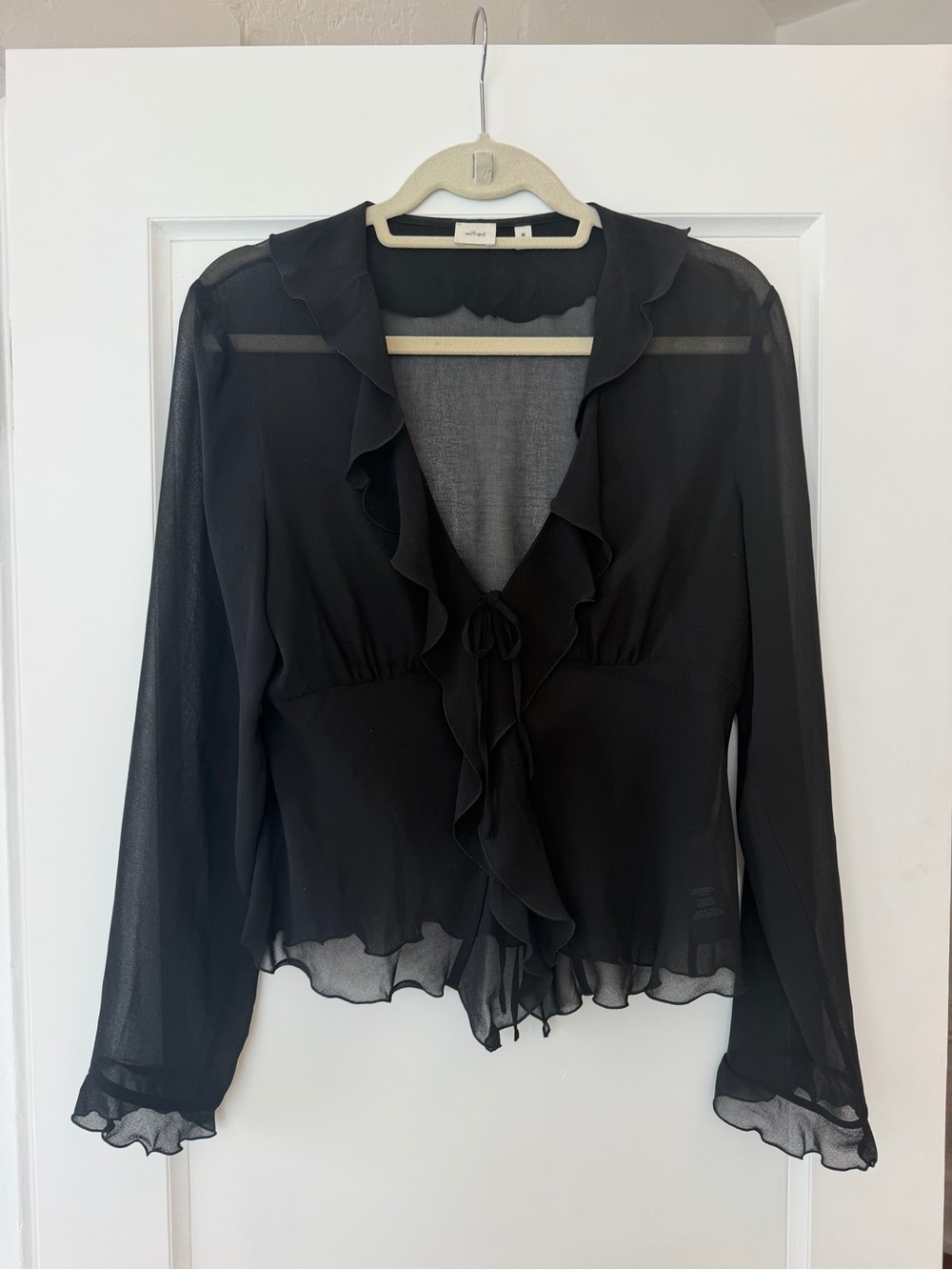 Wilfred Aritzia Black Sheer Ruffle Tie-Front Blouse